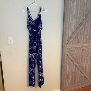 Tori Richard Blue and Pink Floral Jumpsuit with Wide-Leg Design